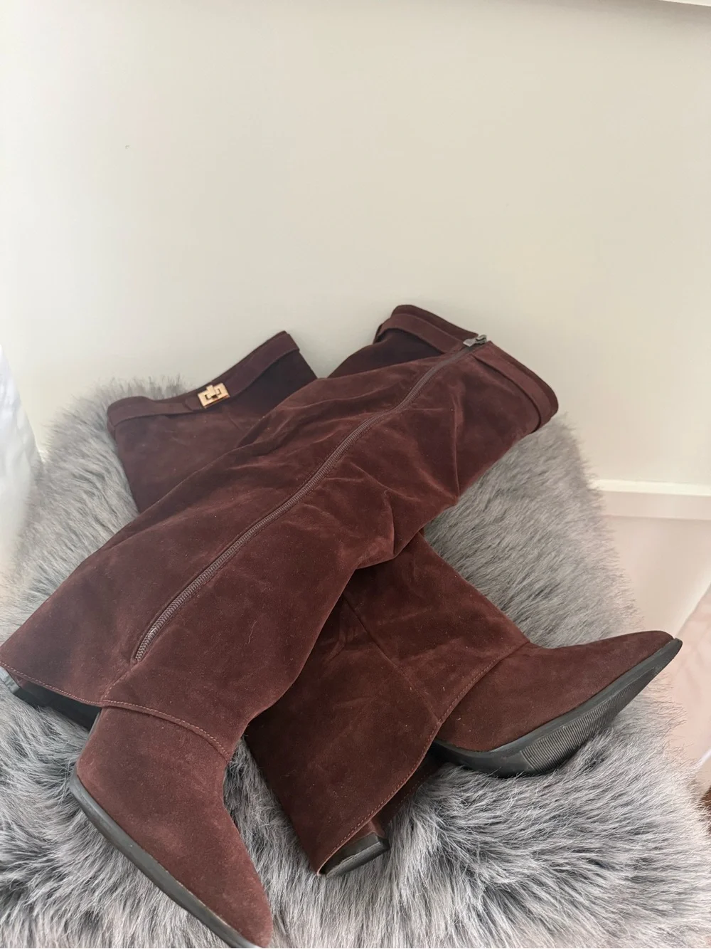 Tracy Over-the-Knee Suede Boots in Dark Brown with Gold Buckle Detail